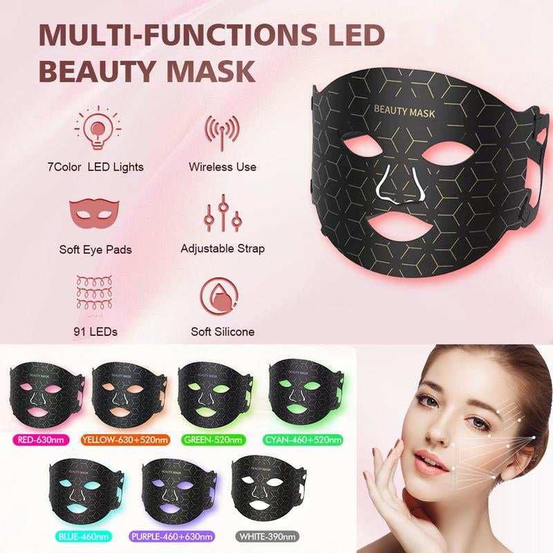 LED Facial Skin Care Mask, 7 Color LED Light Therapy, Rechargeable Beauty Mask, Electronic Silicone Face Mask for Women & Girls