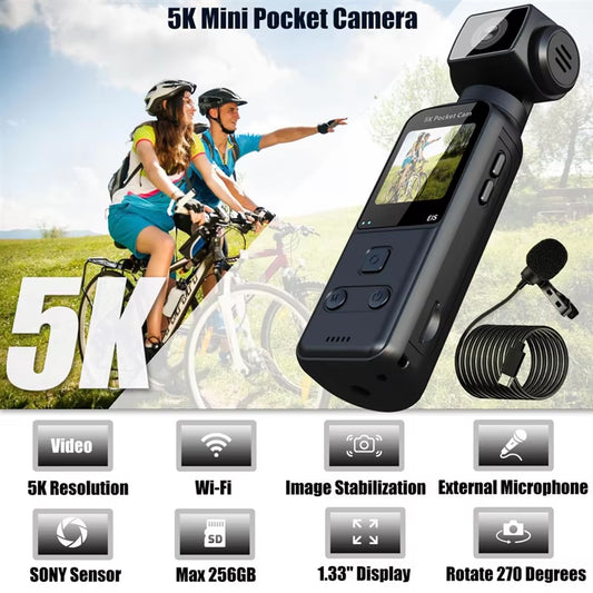 【GLAD】5K Pocket Camera 5K Body Camera with External Microphone 270° Rotate Wifi Video Recorder Camera for Outdoor Sport Bike Tra