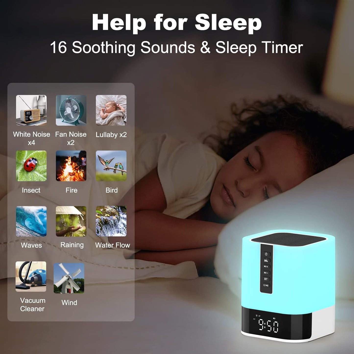 Bedside Lamp with Alarm Clock Bluetooth Speaker Night Light, Kids Touch Lamp Wit
