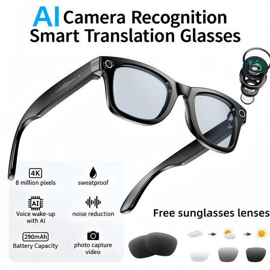 Smart AI Camera Glasses with 8MP Photochromic Lenses ,Button Touch Adjustment for Travel Outdoor Adventures Hands-Free Photography 160+Languages Real-Time Translation Bluetooth Wireless Wearable Video Recording UV Protection ,Black Friday & Cyber Monday