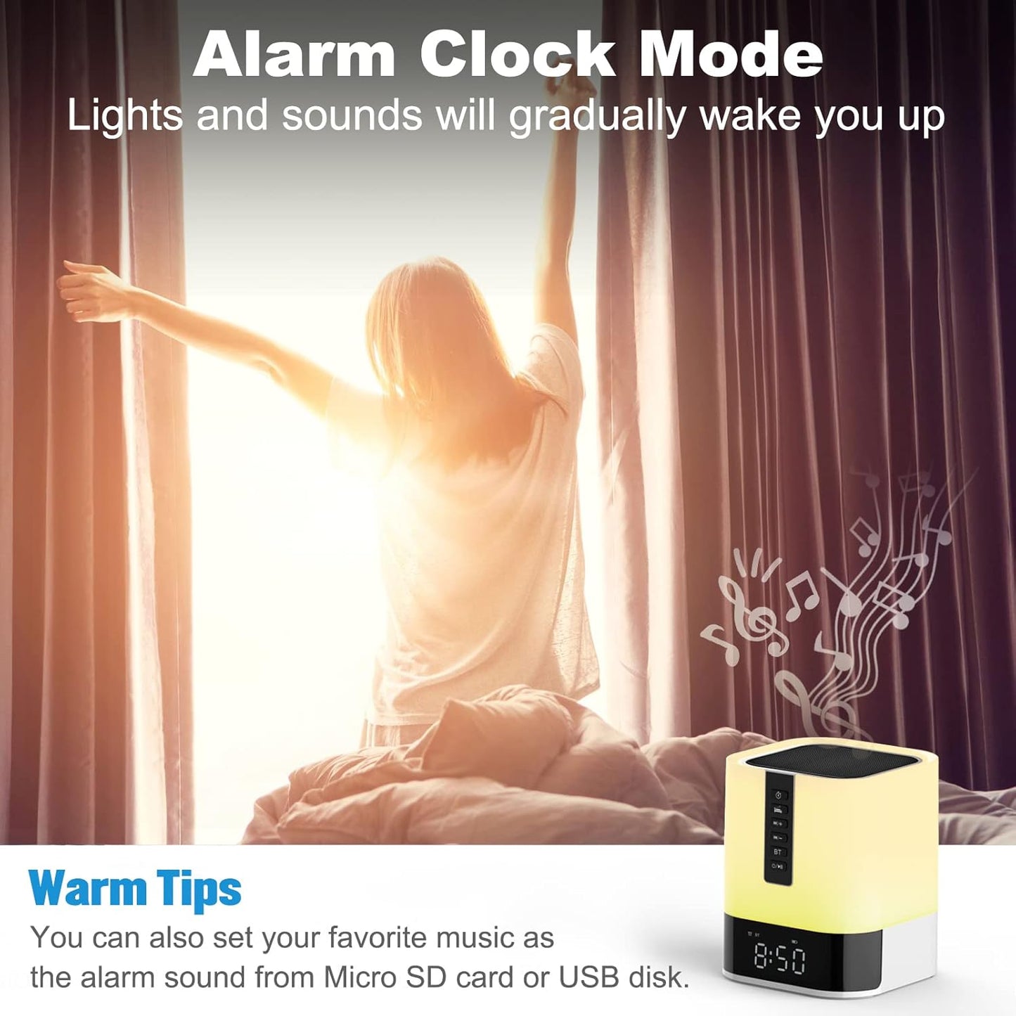 Bedside Lamp with Alarm Clock Bluetooth Speaker Night Light, Kids Touch Lamp Wit