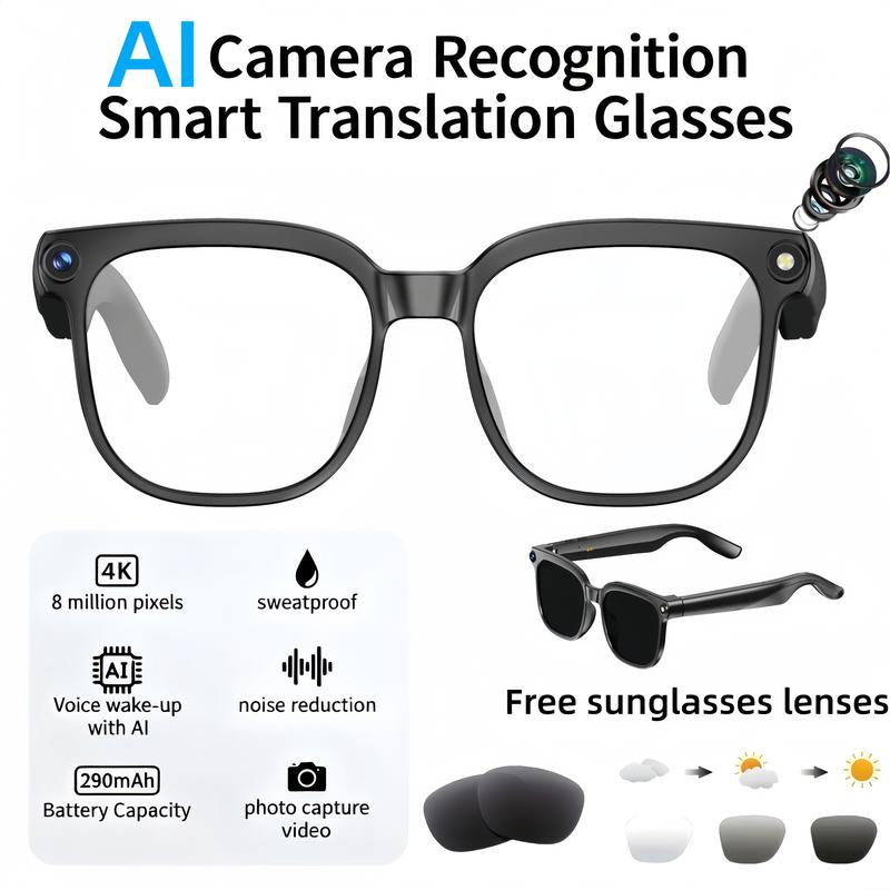 Smart AI Camera Glasses with 8MP Photochromic Lenses ,Button Touch Adjustment for Travel Outdoor Adventures Hands-Free Photography 160+Languages Real-Time Translation Bluetooth Wireless Wearable Video Recording UV Protection ,Black Friday & Cyber Monday