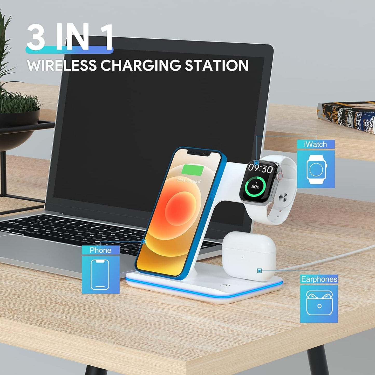 Wireless Charger, 3 in 1 Fast Wireless Charging Station 15W QI Certified Wireless Charger for Iphone 13/13 Pro/13 Pro Max/12/X/Xs Max /8/ Iwatch Series 2/3/4/5 Airpods 2 with QC 3.0 Adapter