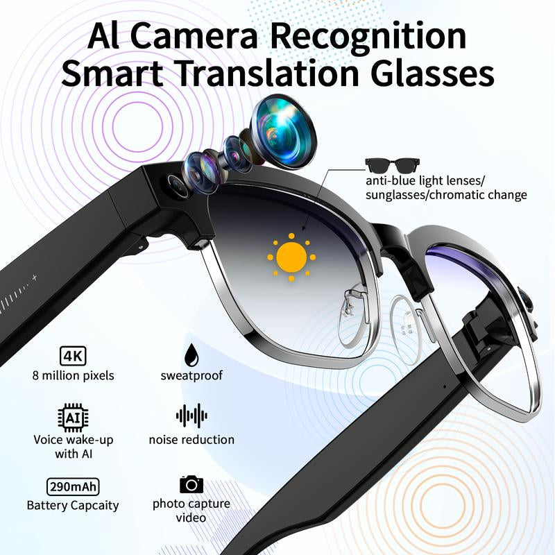 Smart AI Camera Glasses with 8MP Photochromic Lenses ,Button Touch Adjustment for Travel Outdoor Adventures Hands-Free Photography 160+Languages Real-Time Translation Bluetooth Wireless Wearable Video Recording UV Protection ,Black Friday & Cyber Monday