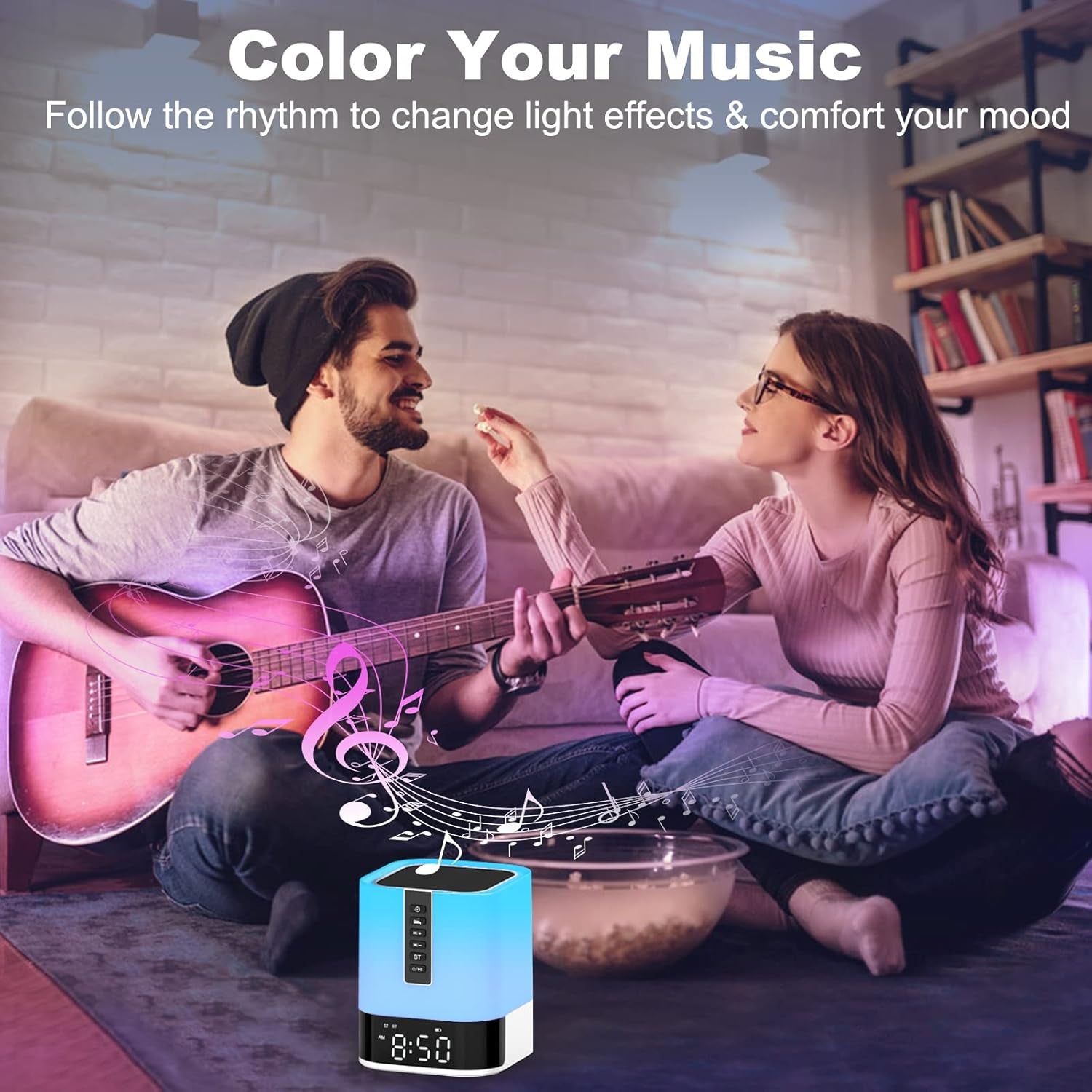 Bedside Lamp with Alarm Clock Bluetooth Speaker Night Light, Kids Touch Lamp Wit