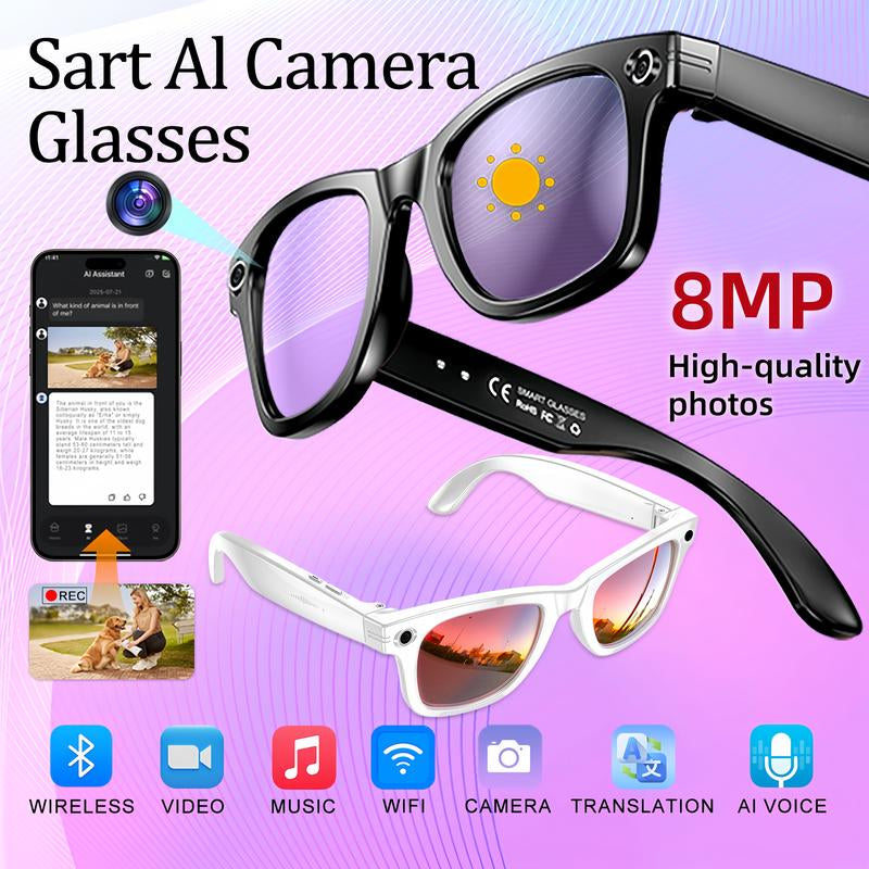 Smart AI Camera Glasses with 8MP Photochromic Lenses ,Button Touch Adjustment for Travel Outdoor Adventures Hands-Free Photography 160+Languages Real-Time Translation Bluetooth Wireless Wearable Video Recording UV Protection ,Black Friday & Cyber Monday